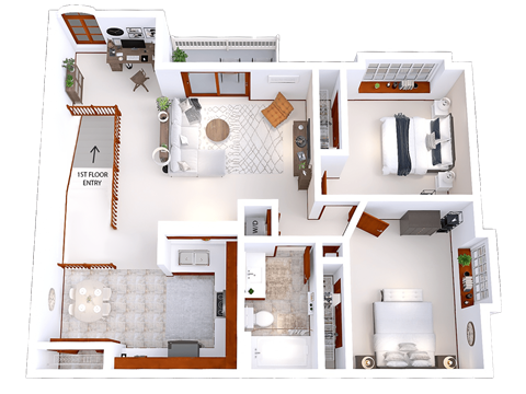 Floor plan for 2 beds, 1 bath, 1051 sqft